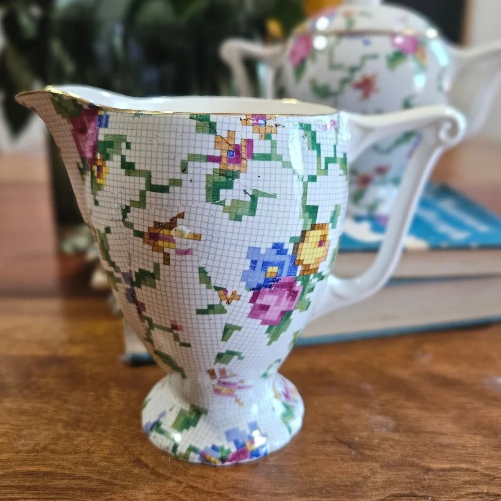 Vtg Windsor Erphila Petit Point Sugar Bowl Creamer Set West Germany Floral Gold